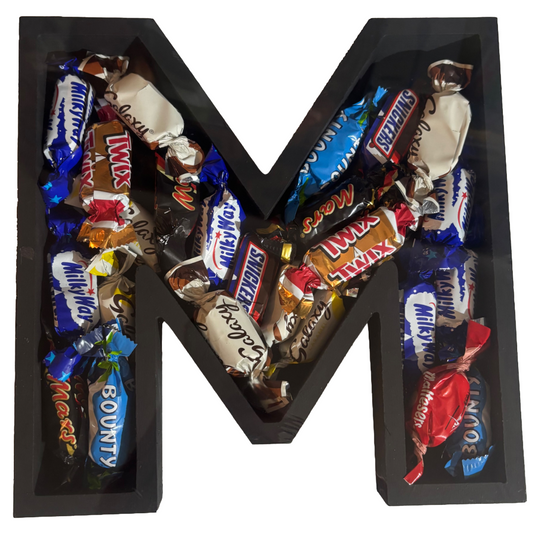 Wooden Letter - M - Filled with 240g of your choice of Chocolates
