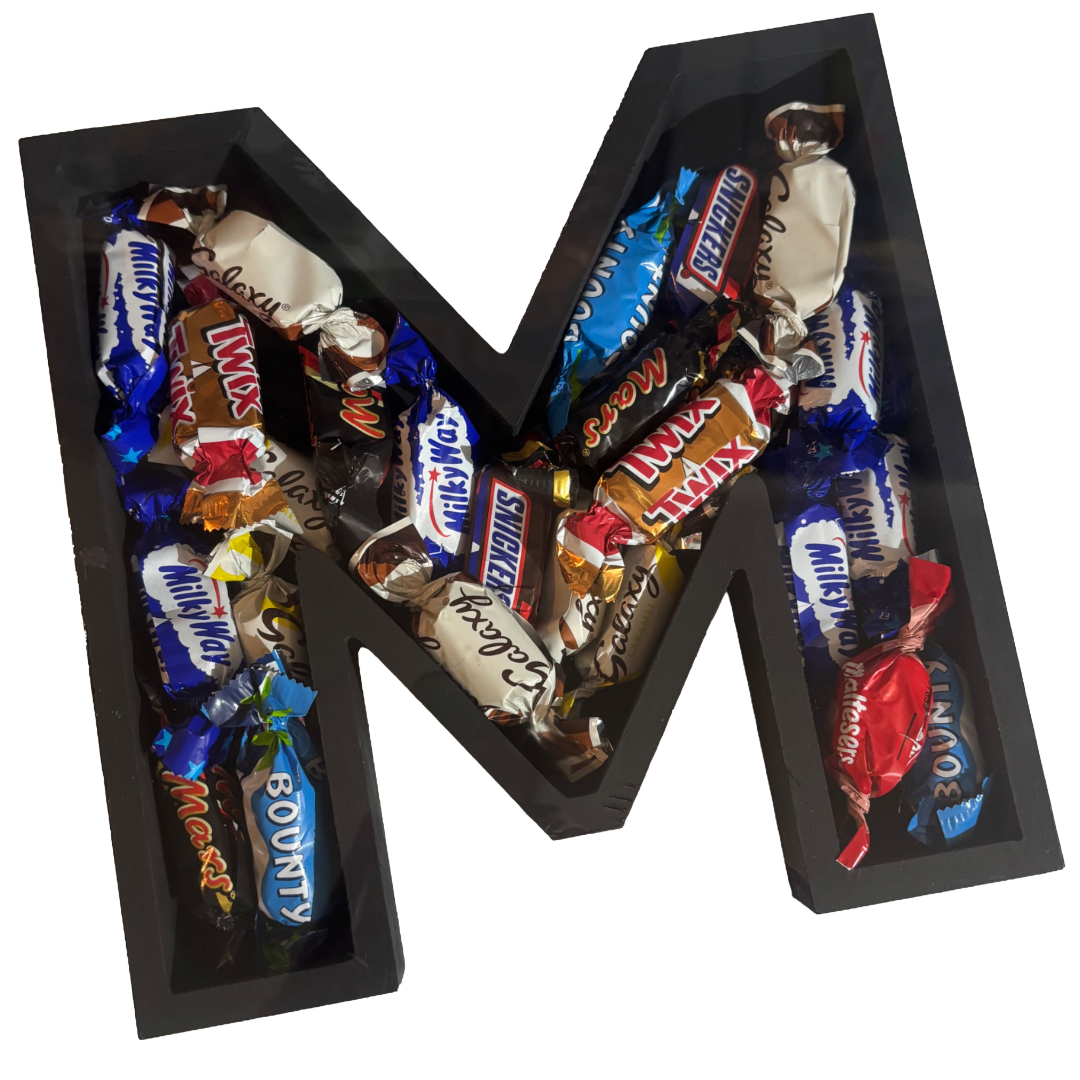 Wooden Letter - M - Filled with 240g of your choice of Chocolates