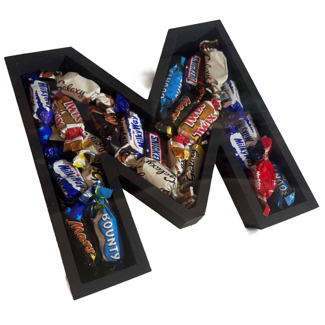 Wooden Letter - M - Filled with 240g of your choice of Chocolates