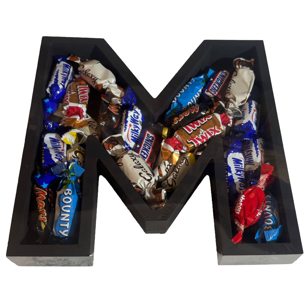 Wooden Letter - M - Filled with 240g of your choice of Chocolates